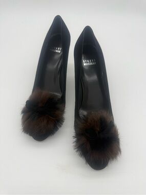Stuart Weitzman Black Pumps with Brown Fur Pom-Poms